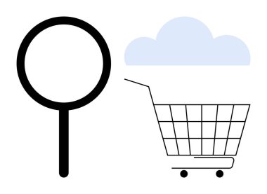 Mavi bir bulutun altındaki alışveriş arabasının yanında basitleştirilmiş büyüteç. E-ticaret, online alışveriş, dijital pazarlama, bulut hesaplama ve SEO için ideal. Siyah ve mavi düz minimalist tasarım