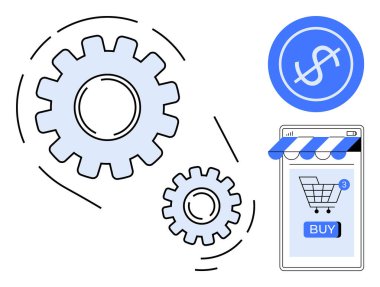 Mobil alışveriş arabası ve para birimi sembolüyle otomasyonu sembolize eden iki vites. İş arayüzü, dijital işlemler, online alışveriş, otomasyon teknolojisi, e-ticaret platformları için ideal