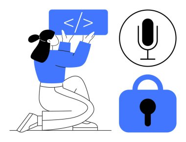 Mavi kıyafette kod sembolü tutan kadın diz çöküyor. Kod simgesi, mikrofon simgesi ve kilit simgesinin yanına. Teknoloji, kodlama, yazılım, podcast, siber güvenlik, veri koruması, web için ideal