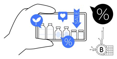 Ürünleri ve satış simgelerini gösteren bir akıllı telefon. Çevrimiçi alışveriş dijital ticaret indirimi için ideal kripto döviz entegrasyon perakende pazarlama indirimi. Modern ekommerce kavramlarını vurgular