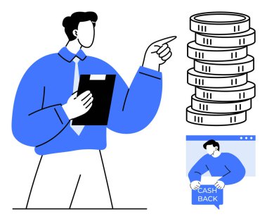 Elinde bir not panosu olan biri bozuk para yığınını işaret ediyor. Başka bir figür nakit iade işareti gösteriyor. Finans, iş, başarı, kâr ve ödüller için idealdir. Temiz minimum vektör biçimi