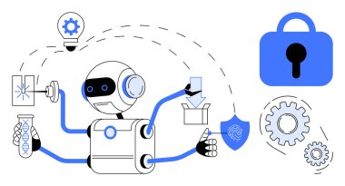 Bir robot, veri güvenliği ve yenilik de dahil olmak üzere çeşitli faaliyetlere katılır. Yapay zeka, robot bilimi, siber güvenlik, yenilik ve teknoloji için ideal. Modern vektör sanat biçimi mavi
