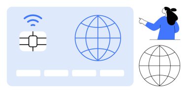 Açık mavi kart, çip, kablosuz sinyal ve dünya ikonu. Kadın küreyi işaret ediyor. Finans, dijital ödemeler, çevrimiçi işlemler, küresel ağlar ve teknoloji için ideal. Basit, modern.