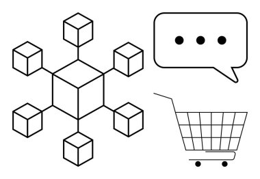 Merkezi kübü ve bağlı küpleri olan geometrik ağ, üç noktalı konuşma balonu ve alışveriş arabası taslağı. Teknoloji, iletişim, e-ticaret, ağ oluşturma, minimalizm temaları için ideal