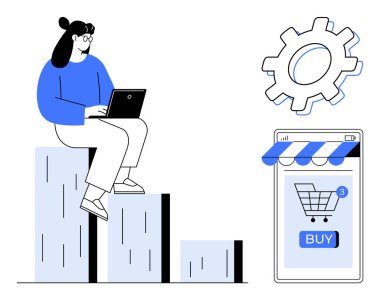 Bar tablosunda dizüstü bilgisayarı olan bir kadın. Çevrimiçi alışveriş arabası, malzeme tezgahı ve satın alma düğmesi. E-ticaret, dijital pazarlama, iş büyümesi, teknoloji ve online alışveriş için ideal. Basit.
