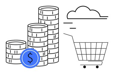 Üç yığın para ve bir mavi dolar sembolü bir alışveriş arabası taslağı ve bir bulut simgesinin yanında. Çevrimiçi alışveriş, e-ticaret, bulut depolama, finansal büyüme ve maliyet gibi kavramlar için ideal