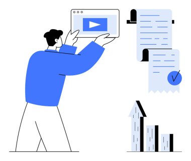 Bir adam tablet üzerinde video sunarken, bir belge işaretli ve çubuk grafiği yukarı doğru ok gösterisi işinde ilerliyor. İş, pazarlama, şirket raporları ve eğitim için ideal