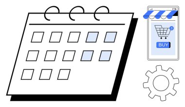 Aylık planlı ve işaretlenmiş tarihli takvim, alışveriş arabalı akıllı telefon, satın alma düğmesi ve bir vites sembolü. Çevrimiçi alışveriş, zamanlama, e-ticaret, dijital planlama için ideal