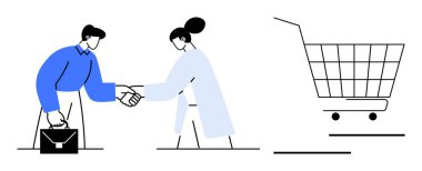 Yanlarında alışveriş arabasıyla bir iş anlaşmasını işaret eden iki kişi tokalaşıyor. İş anlaşmaları, takım çalışması, ortaklık, online alışveriş, ticari faaliyetler için ideal. Modern