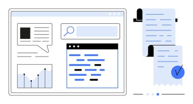Ekranlardaki grafikler, arama çubukları, raporlar ve metin gibi arayüz bileşenleri. Veri analizi, bilgi işleme, iş raporları, dijital belgeler ve iş akışı için ideal