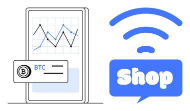 Üzerinde Bitcoin şeması ve kablosuz sembol olan mavi bir dükkan tabelasıyla birlikte bir kredi kartı sembolü olan bir akıllı telefon ekranı. Teknoloji, kripto para birimi, e-ticaret, online alışveriş, dijital alışveriş için ideal