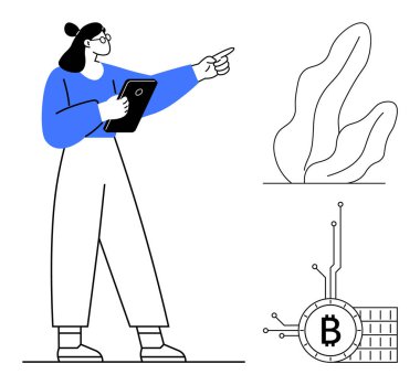 Elinde tablet tutan kadın Bitcoin sembolü ve soyut bir bitkiyi işaret ediyor. Finans, teknoloji, dijital para birimi, modern iş, eğitim materyalleri için ideal. Asgari vektör biçimi