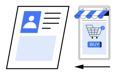 Soldaki sosyal profil sayfası ve sağdaki mavi düğmeli akıllı telefon alışveriş arabası arayüzü ve sağdaki mağaza tepe örtüsü. Ok entegrasyonu gösteriyor. E-ticaret ağı ve sosyal medya için ideal