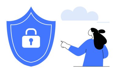 Kadın bulutlu gökyüzünün altındaki kilitli güvenlik kalkanını işaret ediyor. Veri güvenliği, dijital mahremiyet, İnternet güvenliği, siber güvenlik farkındalığı ve teknoloji koruma temaları için idealdir. Modern düz stil