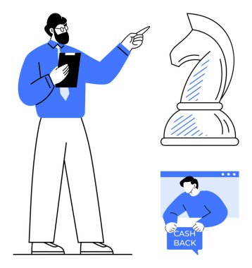 Profesyonel kıyafetli bir adam bir pano tutuyor ve büyük bir satranç şövalyesini işaret ediyor. Daha küçük bir resimde elinde nakit para levhası tutan biri var. İş stratejisi, planlama, finans ve pazarlama için ideal