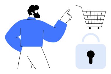 Mavili adam alışveriş arabasını işaret ediyor ve güvenlik kilidi sembolü güvenli online alışveriş olduğunu gösteriyor. Çevrimiçi güvenlik, e-ticaret, satın alma güvenliği, dijital alımlar, güvenli işlemler için ideal