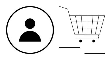 Alışveriş arabasının yanındaki dairesel kullanıcı hesap sembolü. Çevrimiçi alışveriş, e-ticaret siteleri, tüketici davranışları çalışmaları, dijital pazarlar ve perakende uygulamaları için ideal. Basit vektör tasarımı