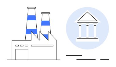 Fabrika, mavi çember içinde bir klasik hükümet binası ikonu ile birlikte endüstri hükümeti düzenlemesi temaları ekonomi altyapısı kurumsal yönetim ve kamu politikaları için idealdir.