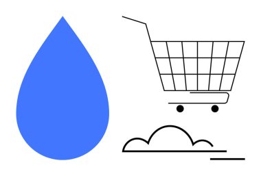 Mavi su damlası ve bulutlu siyah alışveriş arabası. Suyun korunumu, alışveriş, bulut hesaplama, minimal tasarım, çevre dostu temalar için idealdir. Modern minimalist tasarım biçimi