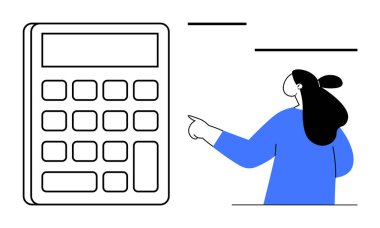Mavili kişi büyük bir hesap makinesini işaret ederek hesaplama ya da finansal görevlere odaklanmayı öneriyor. Eğitim, finans, bütçe, muhasebe ve iş planlaması için ideal. Basit satır sanatı
