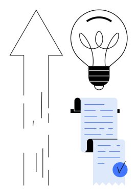 Yukarı bakan bir ok, bir ampul ve iş büyümesini, yeniliği ve planlamayı yansıtan yuvarlak bir kontrol listesi. İş stratejisi, proje yönetimi, geliştirme, yaratıcı düşünme için ideal