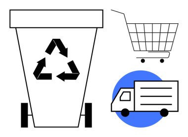Alışveriş arabası ve teslimat kamyonunun yanında sembolü olan büyük bir geri dönüşüm kutusu. Atık yönetimi e-ticaret ve dağıtım hizmetlerinin geri dönüşümü için ideal çevresel sürdürülebilirlik ve tüketim