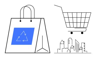 Geri dönüşüm sembollü kağıt torba, alışveriş arabası ve minimalist tarzda şehir silüeti. Sürdürülebilirlik, çevre dostu uygulamalar, kentsel yaşam, perakende satış ve çevre koruma temaları için ideal