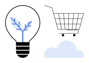 İçinde yaprak olan ampul. Bulutun yanında alışveriş arabası. Sürdürülebilirlik, çevre dostu ürünler, bulut hesaplama, yenilik ve dijital perakende için ideal. Minimalist tasarım biçimi