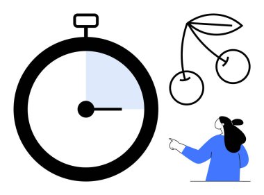 Mavi bir kesitli siyah kronometre yapraklı bir kiraz ve mavi noktalı bir kişi, zaman yönetimi sağlık farkındalığı için ideal yön Minimalist aktiviteler ve eğitim için yönlendirme