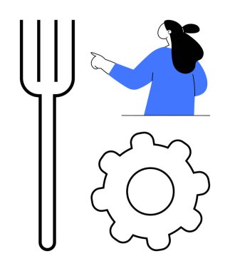 Büyük siyah çatal, siyah dişli, ve mavi tişörtlü biri görünüyor. Teknoloji, mühendislik, gıda endüstrisi, talimatlar, kullanıcı arayüzü için ideal. Basit ve modern stil