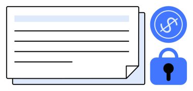 Üzerinde mavi dolar sembolü ve mavi kilit olan bir belgenin vektörü. Finansal güvenlik, veri gizliliği, çevrimiçi koruma, güvenli işlemler ve dijital şifreleme temaları için ideal. Çizgi film