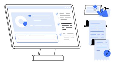 Veri analizlerini ve kontrol listeleri ve pasta grafiğiyle görev yönetimini gösteren ekranı görüntüle. İlgili cihazın detaylarını kontrol ediyorum. Üretkenlik, verimlilik, dijital araçlar ve veriler için ideal