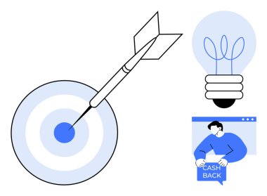 Tam isabet. Dart, ampul ve nakit mesajı olan biri. İş planlaması için ideal, finansal büyüme, yenilik, pazarlama stratejileri, hedef belirleme. Minimalist temiz biçim