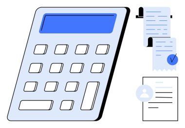 Mavi ekran ve beyaz düğmeli büyük hesap makinesi. Sağ tarafta mali makbuzlar ve profil simgesi olan bir belge var. Finans, muhasebe, bütçe, fatura, denetim için ideal