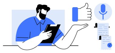 Mavili sakallı bir adam, elinde bir tablet, bir işaret, bir mikrofon ve kontrol listesi tutuyor. Üretkenlik, iş akışı yönetimi, onay süreçleri, iletişim ve dijital araçlar için ideal