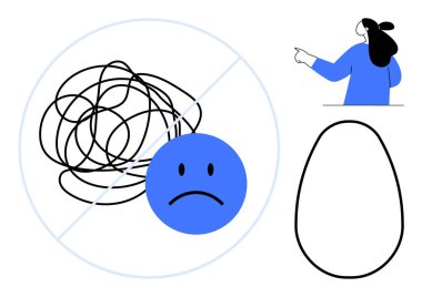 Shows a tangled black line with a sad face, a crossed-out circle, a blue figure pointing, and an empty outlined egg-like shape. Ideal for mental clarity, guidance, problem-solving, simplicity clipart