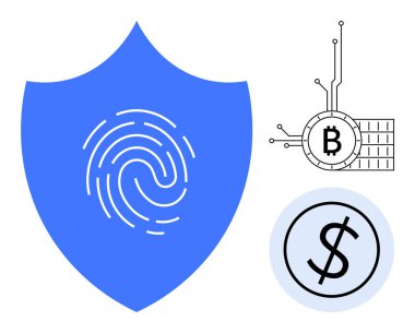 Ortasında parmak izi olan mavi kalkan, Bitcoin 'in dijital temsili ve dolar işareti daire şeklinde. Siber güvenlik, dijital kimlik, çevrimiçi işlemler, engelleme teknolojisi için ideal