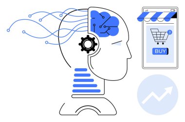 Head silhouette with AI elements and a smartphone showing an online store with a buy button. Ideal for artificial intelligence, e-commerce, online shopping, technology innovation, consumer behavior clipart