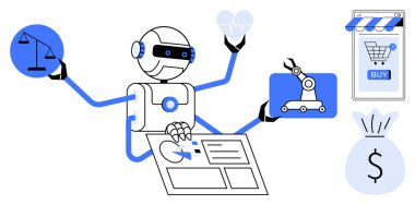 Birden fazla kolu olan bir robot pullar, kalp, robotik ve alışveriş arabası gibi çeşitli objelerle etkileşime girer. Teknoloji, otomasyon, yapay zeka, e-ticaret ve robot teknolojisi için ideal.