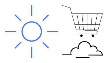 Altında bulutlar olan siyah alışveriş arabasının yanında mavi güneş sembolü. İnce çizgileri ve minimalist tarzı olan vektör sanatı. Çevrimiçi alışveriş, hava tahmini, e-ticaret, çevre, perakende satış için ideal