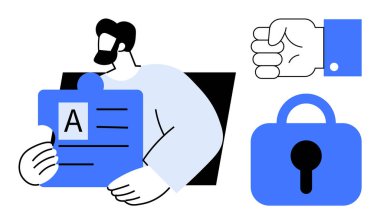 A harfli bir yapboz parçası tutan adam. Yakınlarda kapalı bir yumruk ve asma kilit var. Takım çalışması, problem çözme, güvenlik, işbirliği, eğitim için ideal. Basit, modern, renkli tasarım.