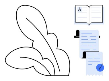 Eserde soyut yapraklar, açık bir kitap ve işaretli bir belge var. Eğitim, doğa temaları, organizasyon, verimlilik ve çevre dostu tasarımlar için idealdir. Minimalist vektör biçimi