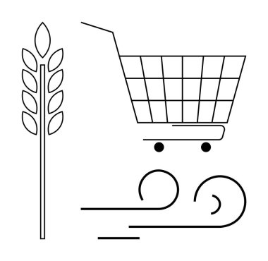 Simple line art of a grain stalk, shopping cart, and abstract wind symbol. Ideal for eco-friendly products, agriculture, sustainability, renewable energy, and green shopping. Line art style clipart