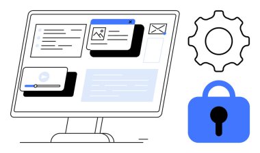 Bilgisayar monitörü, ayarlar ve güvenlik simgeleriyle yazılım arayüzü görüntüler. Teknoloji, siber güvenlik, yazılım geliştirme, dijital arayüzler ve çevrimiçi iletişim için ideal. Temiz modern