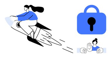 Rokete binen kadın, mavi asma kilit ve el sallama hareketi. Teknoloji, yenilik, hız, güvenlik, mahremiyet için idealdir. Basit modern biçim