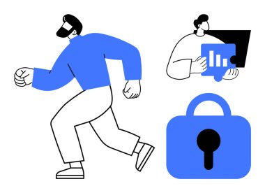 Bir iş adamı koşuyor, diğeri de bilgisayardaki verileri analiz ediyor. Kilit güvenliği simgeler. İş, veri analizi, güvenlik, teknoloji ve finans için ideal. Basit modern biçim