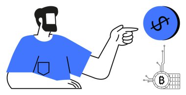 Mavi gömlekli adam bir dolar işareti ve Bitcoin ikonunu işaret ediyor. Finans, kripto para birimi, dijital para birimi, yatırımlar ve finansal tavsiyeler için ideal. Basit, modern, vektör