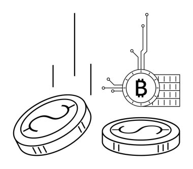 Dijital Bitcoin sembolünün yanındaki geleneksel paralar fiziksel paradan dijital para birimine geçişi gösteriyor. Fintech, kripto para birimi eğitimi, finansal teknoloji gelişmeleri, dijital