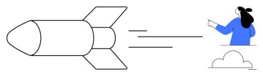 Siyah ve beyaz bir roket sağa doğru uçuyor, hareket eden çizgiler var. Mavi noktalı bir kadın, yönü ve liderliği sembolize ediyor. Yenilik, keşif, liderlik, boşluk için ideal
