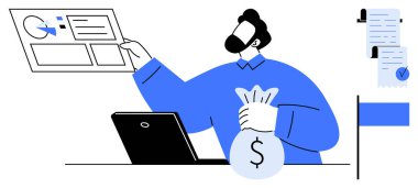 Elinde para çantası olan ve veri tablosunu gösteren bir adam. Laptop masada. Belgeler yan tarafta. Finans, iş büyümesi, veri analizi, yatırımlar ve gelir için ideal. Basit, modern, temiz bir tarz.